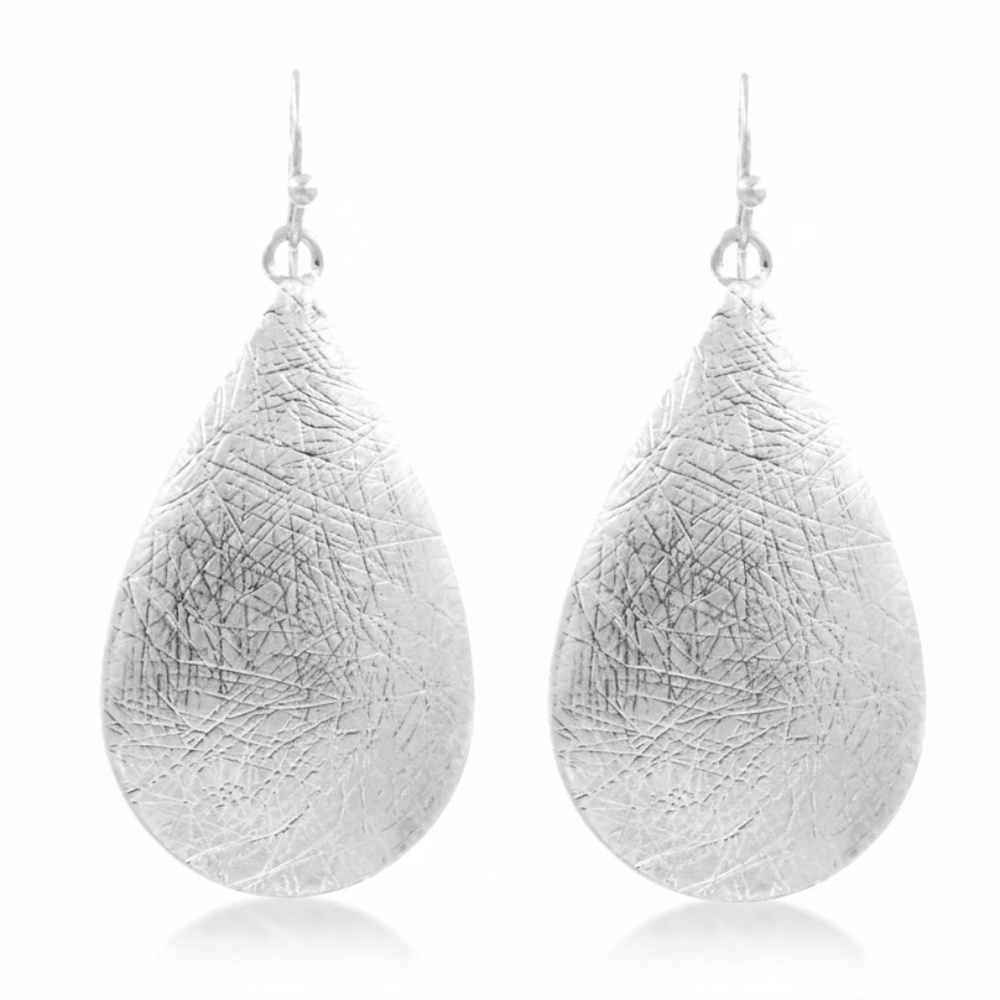 Womens Scratched Metal Teardrop Silver Earrings